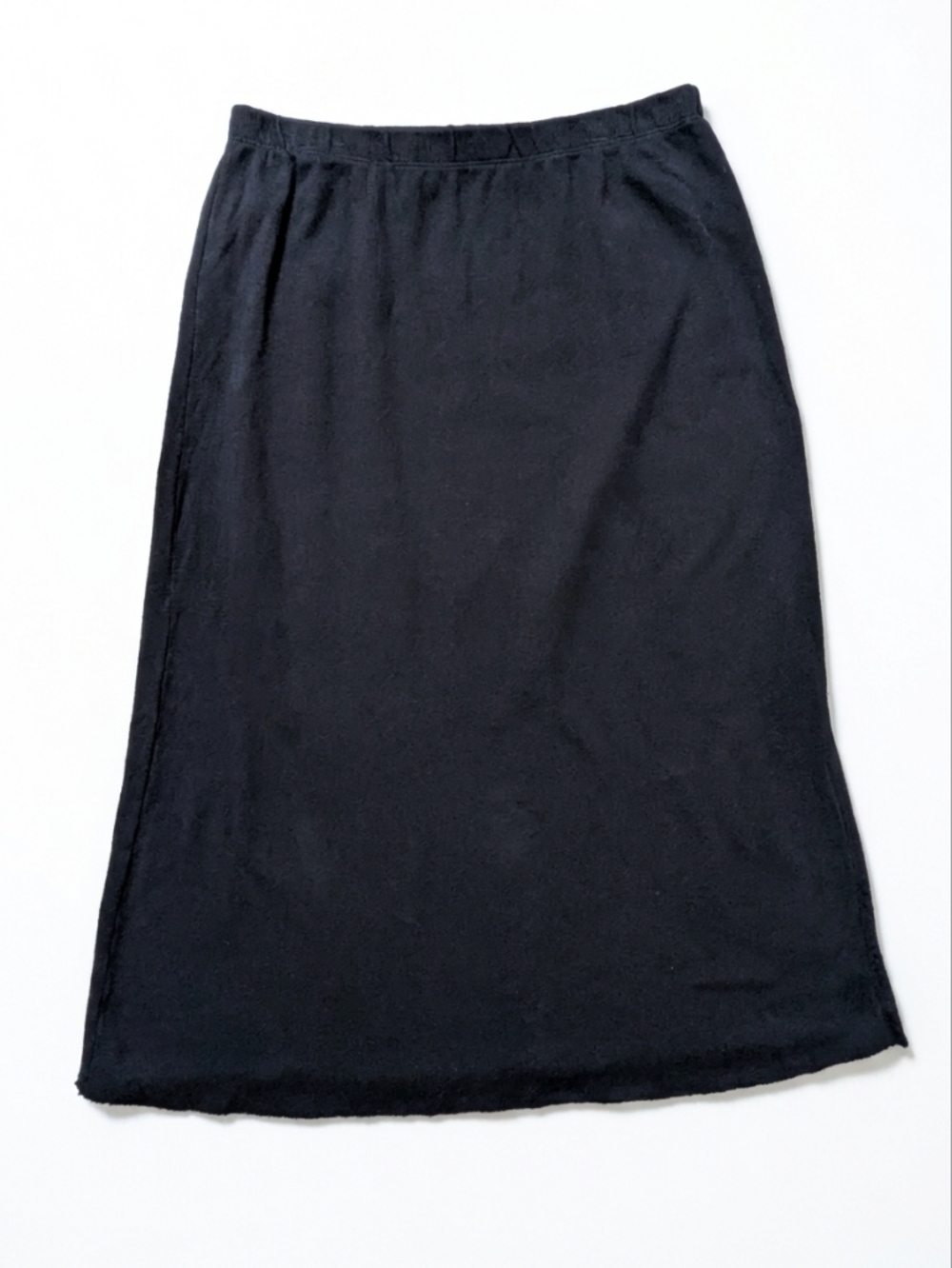 EILEEN FISHER Black Organic Cotton French Terry Midi Skirt Raw Hem L/G